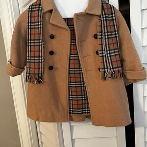 Classic Tan Kids Coat with Plaid Scarf